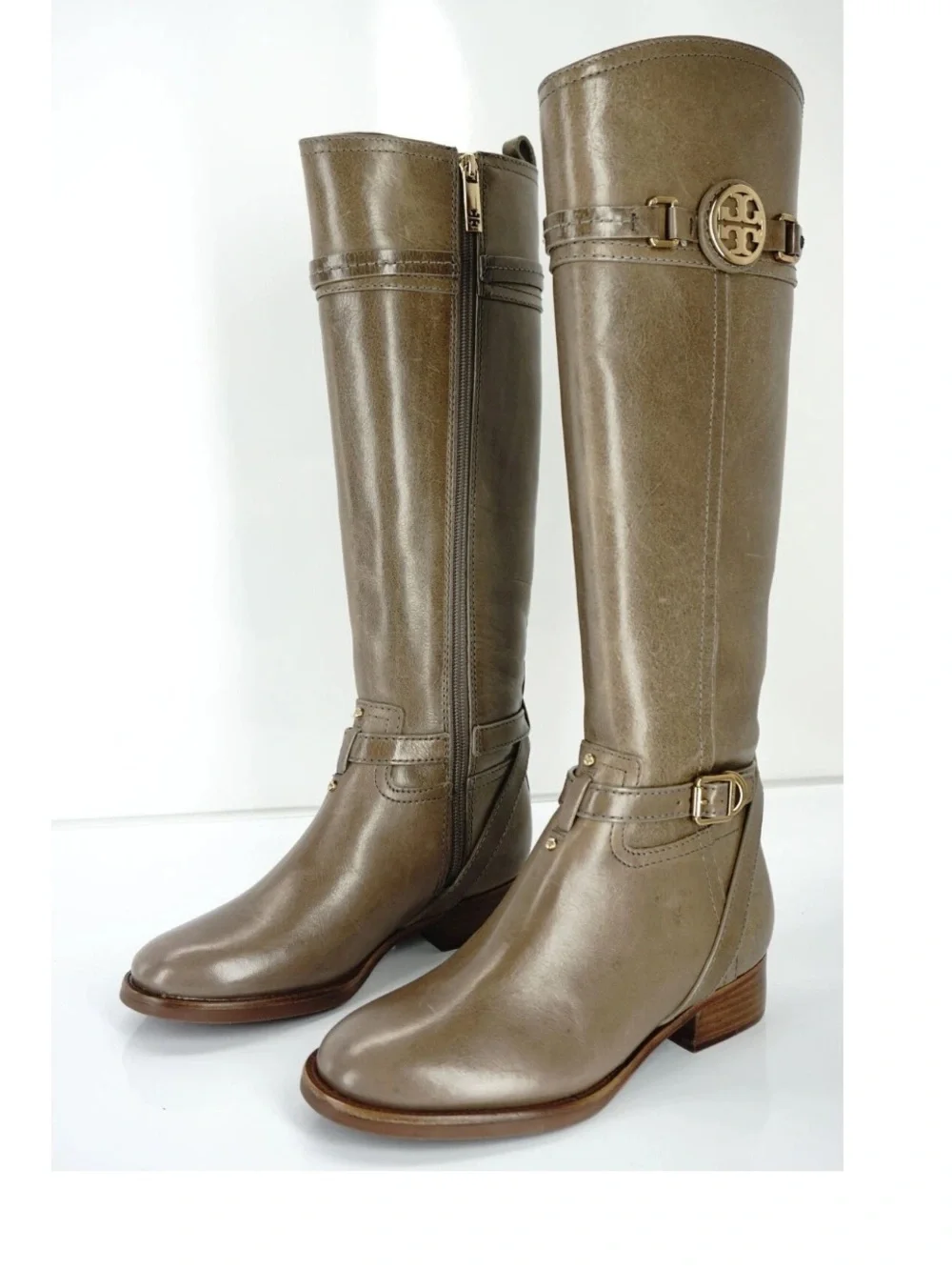 Tory Burch Calista Taupe Gold Leather Logo Belt Knee Riding Boots Size 6 $495